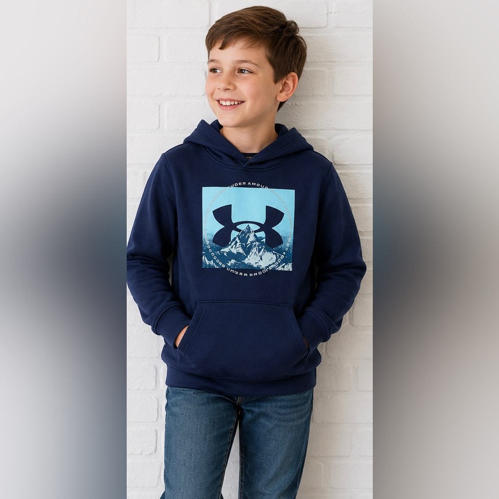 Under Armour Navy Blue Graphic Logo Hoodie Sweatshirt Size 7